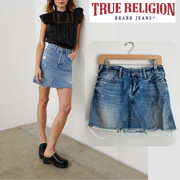 TRUE RELIGION Jean Mini Distressed Skirt Denim Y2K Streetwear Medium Wash USA 27 - Picture 1 of 9